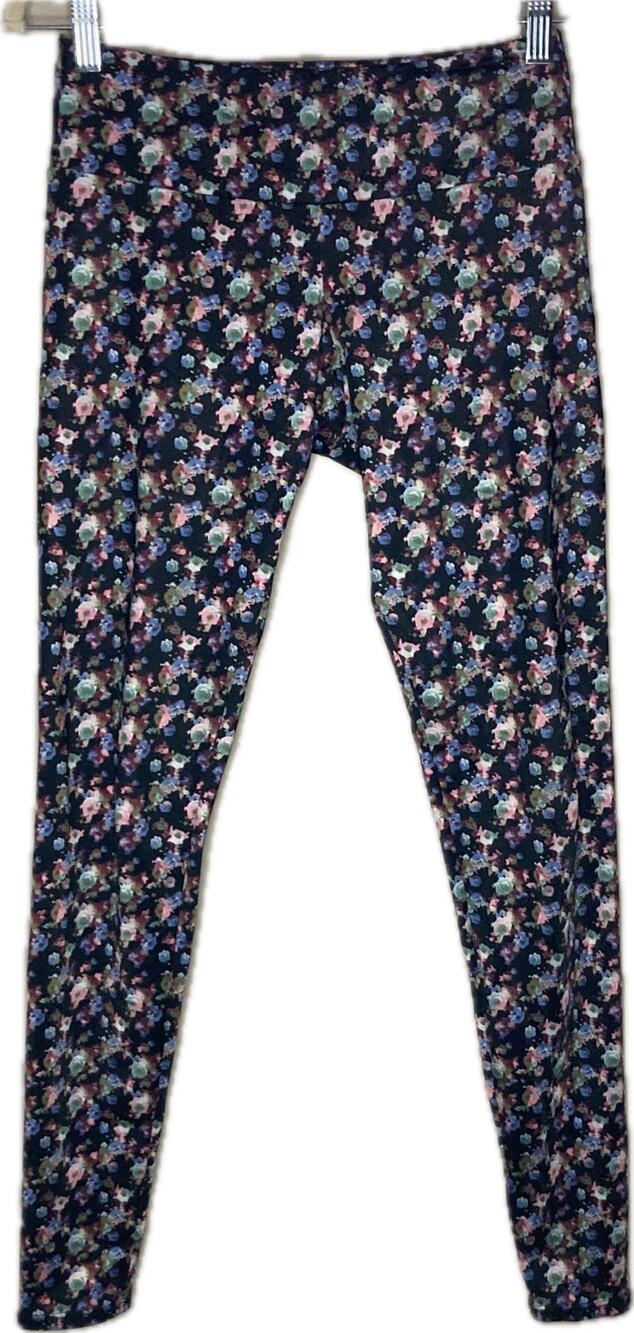Onzie S/M Sky Leggings Floral Print Skinny Leg Black Multicolor Colorful